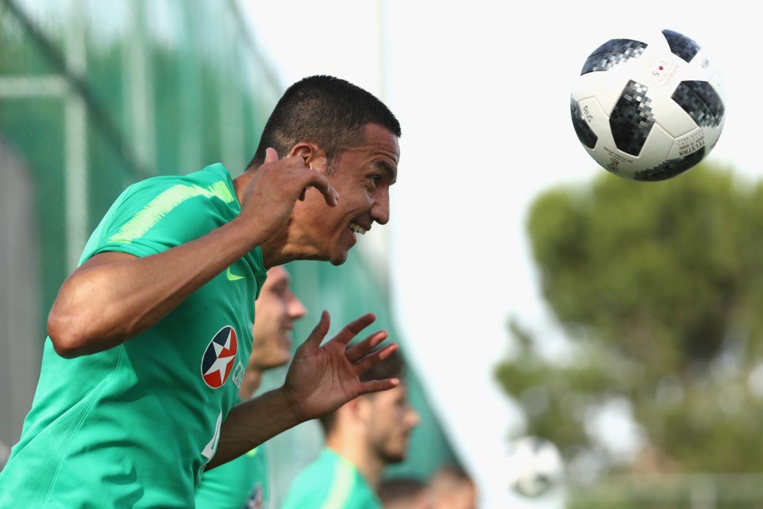 Tim Cahill heads the ball during a training session in Antalya, Turkey in May.