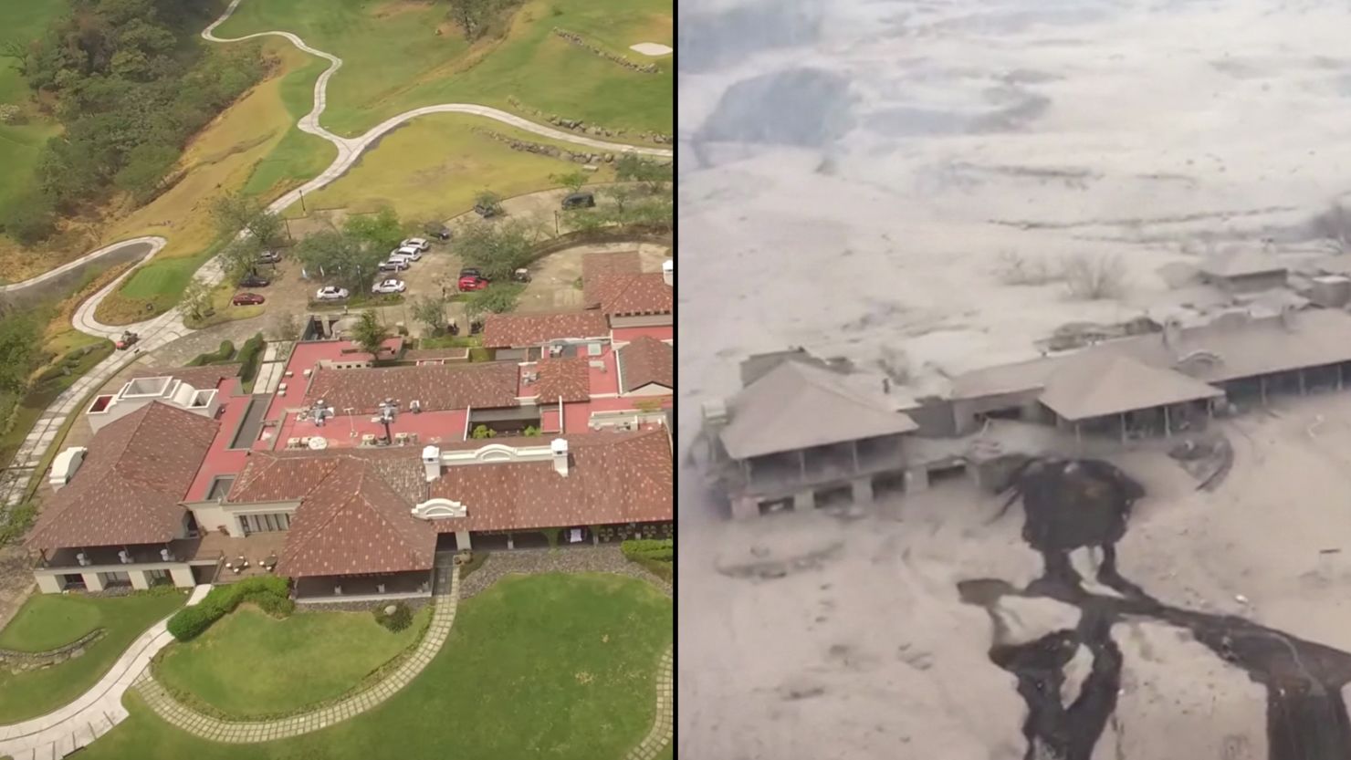 These aerial photos show the Hotel La Reunion before, left, and after Sunday's deadly volcanic eruption. 