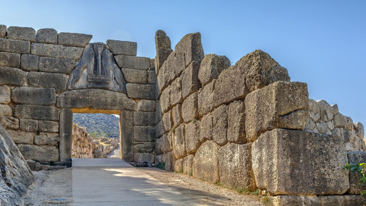 The remains of the once mighty Mycenaean empire in Greece include the Lion Gate. The Lion Gate was the main entrance of the Bronze Age citadel of Mycenae, which is still being excavated and studied.