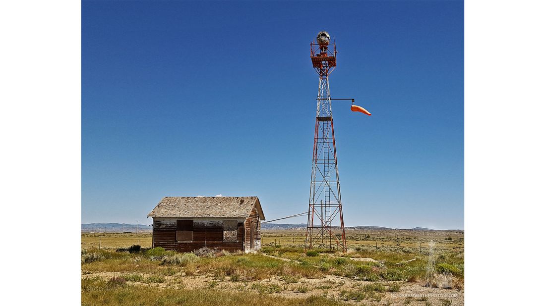 <strong>Beacon of light: </strong>The arrows were illuminated by neighboring beacons. The arrows might remain, but most of the beacons are long gone, but a few survived -- including this one in Wyoming. <em>Pictured here: Medicine Bow Airport, Carbon County, Wyoming on the Salt Lake-Omaha airway.</em>