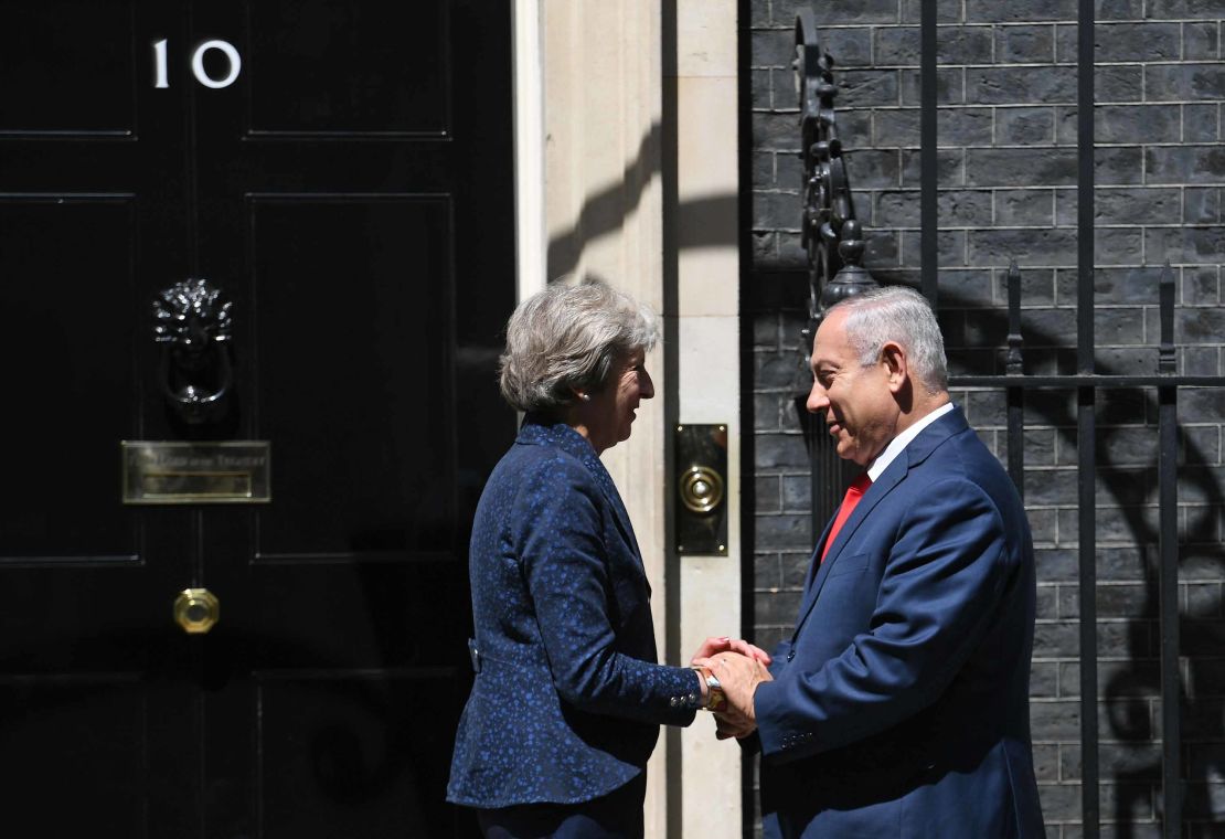UK Prime Minister Theresa May welcomes Israeli Prime Minister Benjamin Netanyahu to Downing Street on Wednesday.