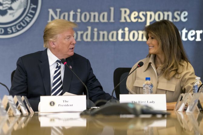 First lady Melania Trump accompanies her husband, US President Donald Trump, for a visit to the headquarters of the Federal Emergency Management Agency on Wednesday, June 6. It was the first time the first lady <a href="index.php?page=&url=https%3A%2F%2Fwww.cnn.com%2F2018%2F06%2F05%2Fpolitics%2Fmelania-trump-fema%2Findex.html" target="_blank">was seen in public</a> since undergoing benign kidney surgery in May.