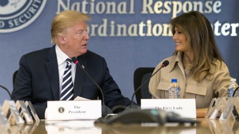 First lady Melania Trump accompanies her husband, US President Donald Trump, for a visit to the headquarters of the Federal Emergency Management Agency on Wednesday, June 6. It was the first time the first lady <a href="https://www.cnn.com/2018/06/05/politics/melania-trump-fema/index.html" target="_blank">was seen in public</a> since undergoing benign kidney surgery in May.