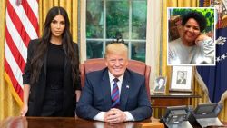 Kim Kardashian, President Donald Trump and an indet of Alice Johnson