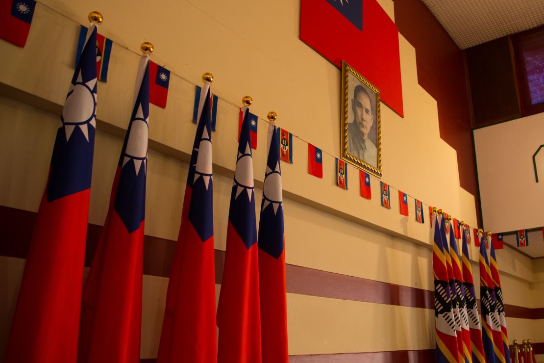 Flags hang next to a picture of Taiwan's founder in the embassy, Taiwan's last in Africa.