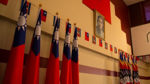 Flags hang next to a picture of Taiwan's founder in the embassy, Taiwan's last in Africa.