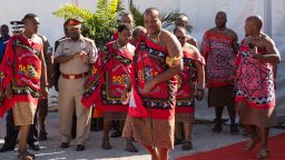 King Mswati III arrives at the opening of a Ministry of Health facility.