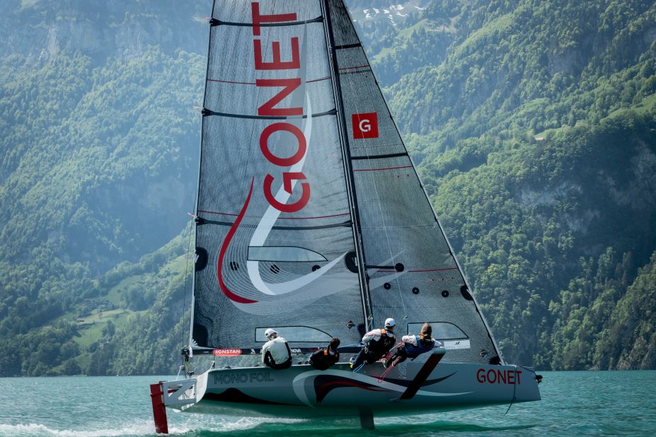 The revolutionary monohull flies out of the water on hydrofoils, similar to the concept that will be used in the 36th America's Cup in New Zealand in 2021.