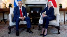 LONDON, ENGLAND - JUNE 06:  Britain's Prime Minister Theresa May welcomes Israel's Prime Minister Benjamin Netanyahu to Downing Street on June 6, 2018 in London, England. (Photo by Toby Melville - WPA Pool/Getty Images)