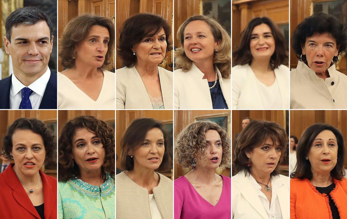 A combination of pictures shows
Spanish Prime Minister Pedro Sanchez and his new eleven female ministers. 
