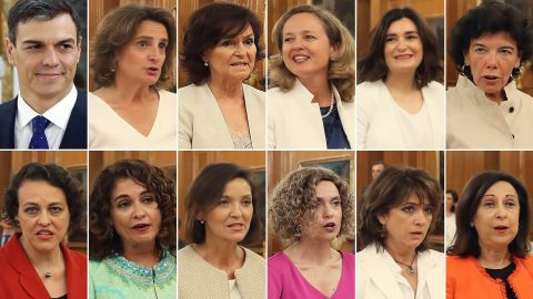 A combination of pictures shows
Spanish Prime Minister Pedro Sanchez and his new eleven female ministers. 