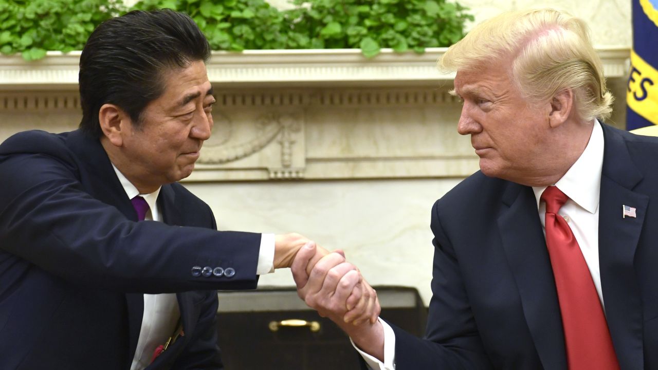 US President Donald Trump shakes hands with Japanese Prime Minister Shinzo Abe in the White House Oval Office on Thursday, June 7. It was <a href="https://www.cnn.com/2018/06/07/politics/shinzo-abe-donald-trump/index.html" target="_blank">their second meeting in less than two months</a> to discuss Trump's upcoming summit with North Korean leader Kim Jong Un.