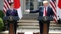 WASHINGTON, DC - JUNE 07: U.S. President Donald Trump (R) and Japanese Prime Minister Shinzo Abe speak to the media during a news conference in the Rose Garden at the White House, on June 7, 2018 in Washington, DC. The two leaders met to discuss next week's summit with North Korea. (Photo by Mark Wilson/Getty Images)