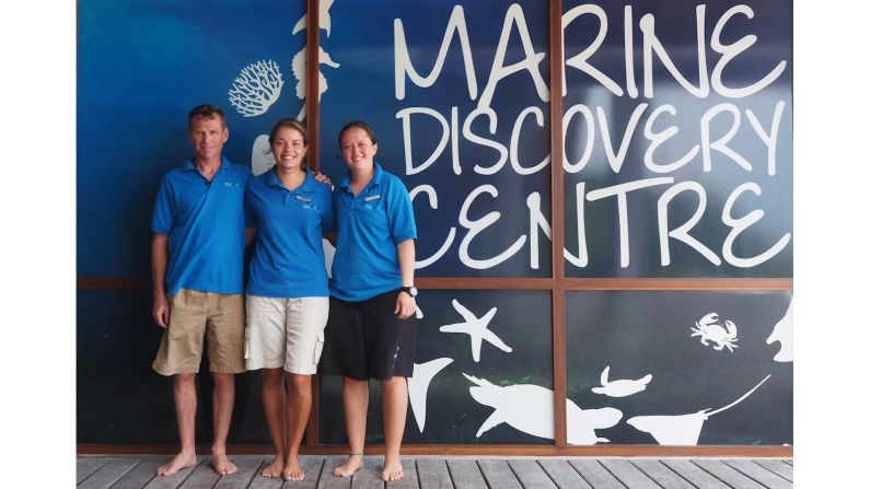 <strong>Passionate conservationists: </strong>Thomas Le Berre, founder of Reefscrapers, stands with marine biologists and turtle experts Audrey Cartraud and Alejandra Carvallo outside the Four Seasons Landaa Giraavaru's Marine Discovery Centre.  