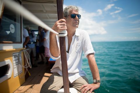 Anthony Bourdain shoots an episode of his CNN show "Parts Unknown" in Salvador, Brazil, in 2014.
