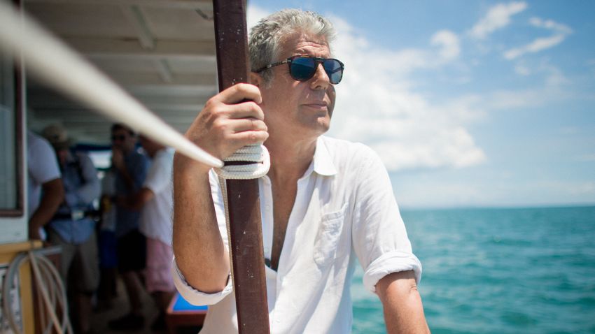 Anthony Bourdain shooting 'Anthony Bourdain Parts Unknown' on location in Salvador, Brazil on January 9, 2014.