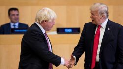 British Foreign Secretary Boris Johnson (L) and US President Donald Trump greet before a meeting on United Nations Reform at UN headquarters in New York on September 18, 2017. / AFP PHOTO / Brendan Smialowski        (Photo credit should read BRENDAN SMIALOWSKI/AFP/Getty Images)
