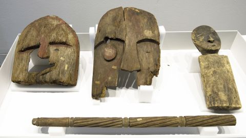 Historical items, plundered from the graves of indigenous Alaskans, displayed at the Ethnological Museum in Berlin on May 16. 