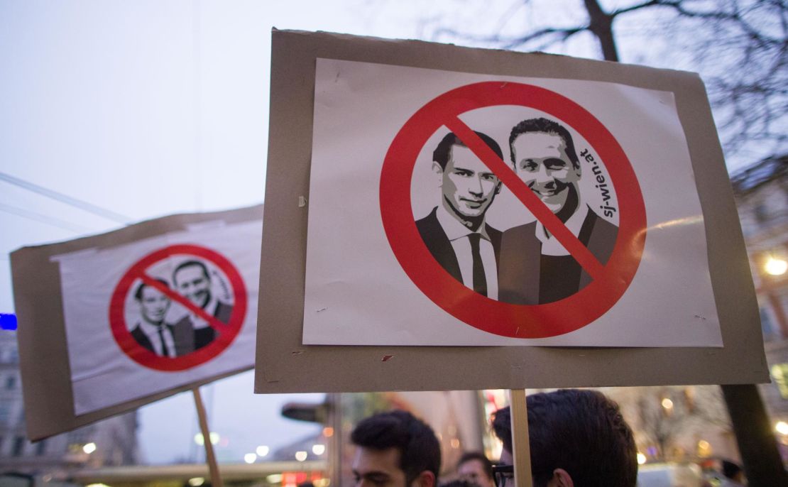 Austrians protest against the anti-immigrant policies of Sebastian Kurz and his Vice Chancellor Heinz-Christian Strache in January. 