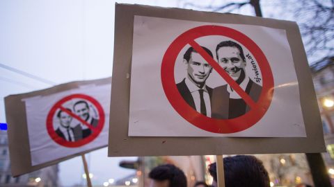 A placard depicting Austrian leader Sebastian Kurz (left) and Heinz-Christian Strache, chairman of the FPÖ, at a protest in Vienna in January.