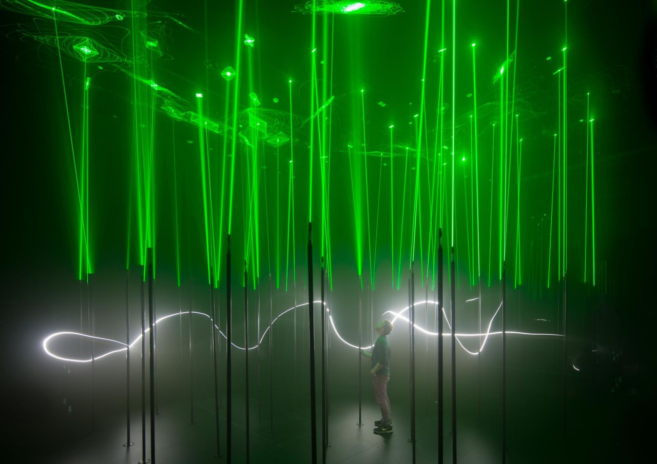 150 rods each equipped with a laser, which respond to human touch. These are one of MLF's visions of how technology can reconnect us with the experience of nature.