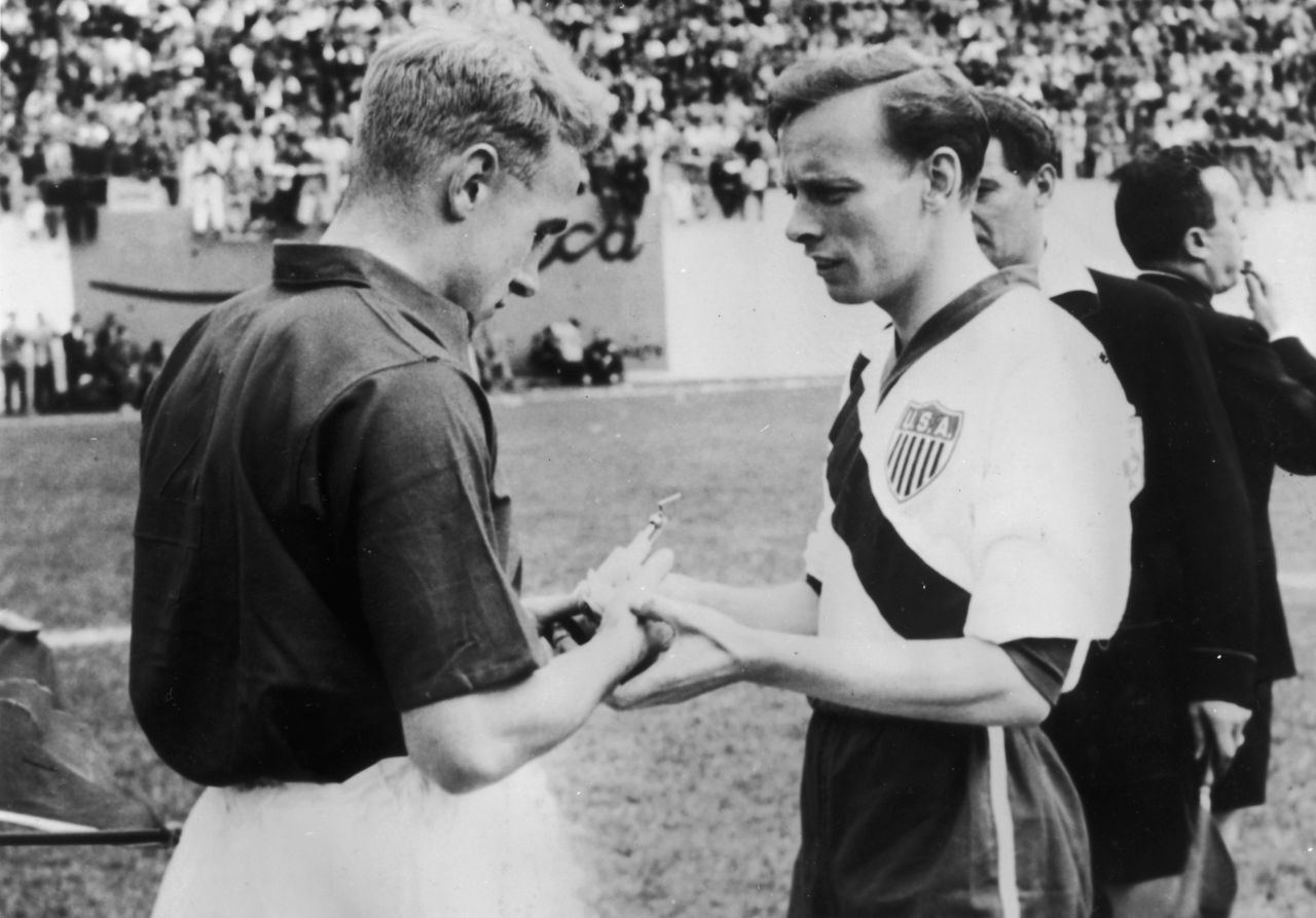 <strong>No. 1: USA 1-0 England, 1950</strong><br />England captain Billy Wright (L) and U.S. captain Ed McIlvenny exchange souvenirs at the start of their match on June 29, 1950 in Belo Horizonte, Brazil. Led by a semi-professional squad, America's win is statistically ranked as the all-time greatest upset in World Cup history by Gracenote.