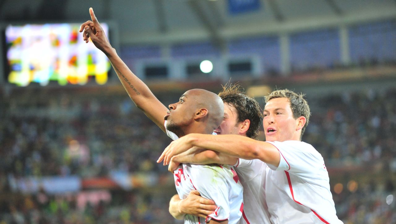 <strong>No. 2: Switzerland 1-0 Spain, 2010</strong><br />Switzerland's midfielder Gelson Fernandes (L) celebrates with teammates after scoring the only goal of the second biggest World Cup upset in history. Spain would, however, recover to win the tournament held in South Africa. 