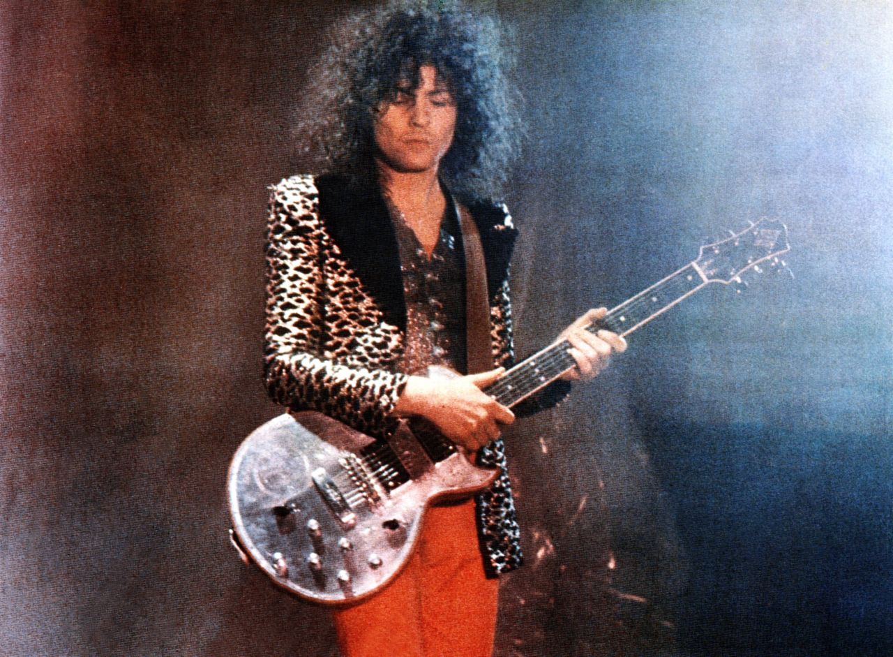 Glam rocker Marc Bolan of T-Rex wears a leopard jacket on stage in 1972.