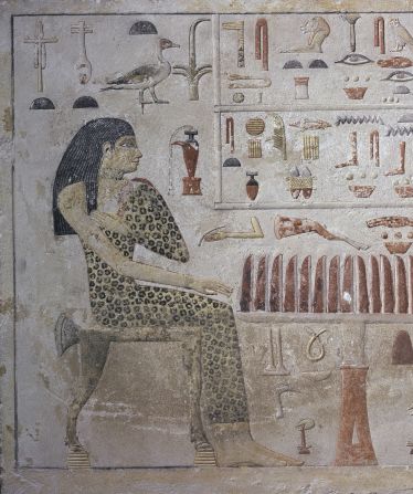An Egyptian stele shows Nefertiabet, an ancient Egyptian princess wearing a leopard down.