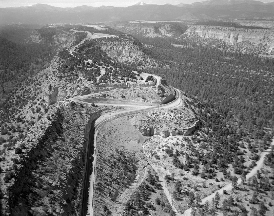 An aerial view of the road to Los Alamos.The sites selected all took advantage of natural barriers to enhance security and secrecy.