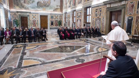 Pope Francis addresses energy industry leaders at a conference Saturday at the Vatican.