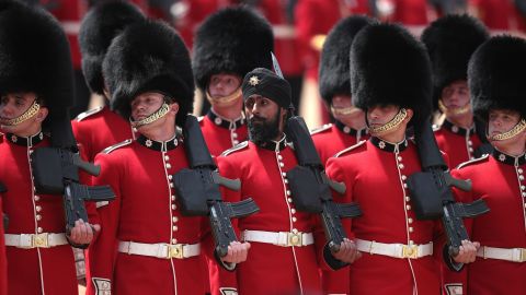 Sikh Guardsman Charanpreet Singh Lall wears a turban in Saturday's Trooping the Colour ceremony.