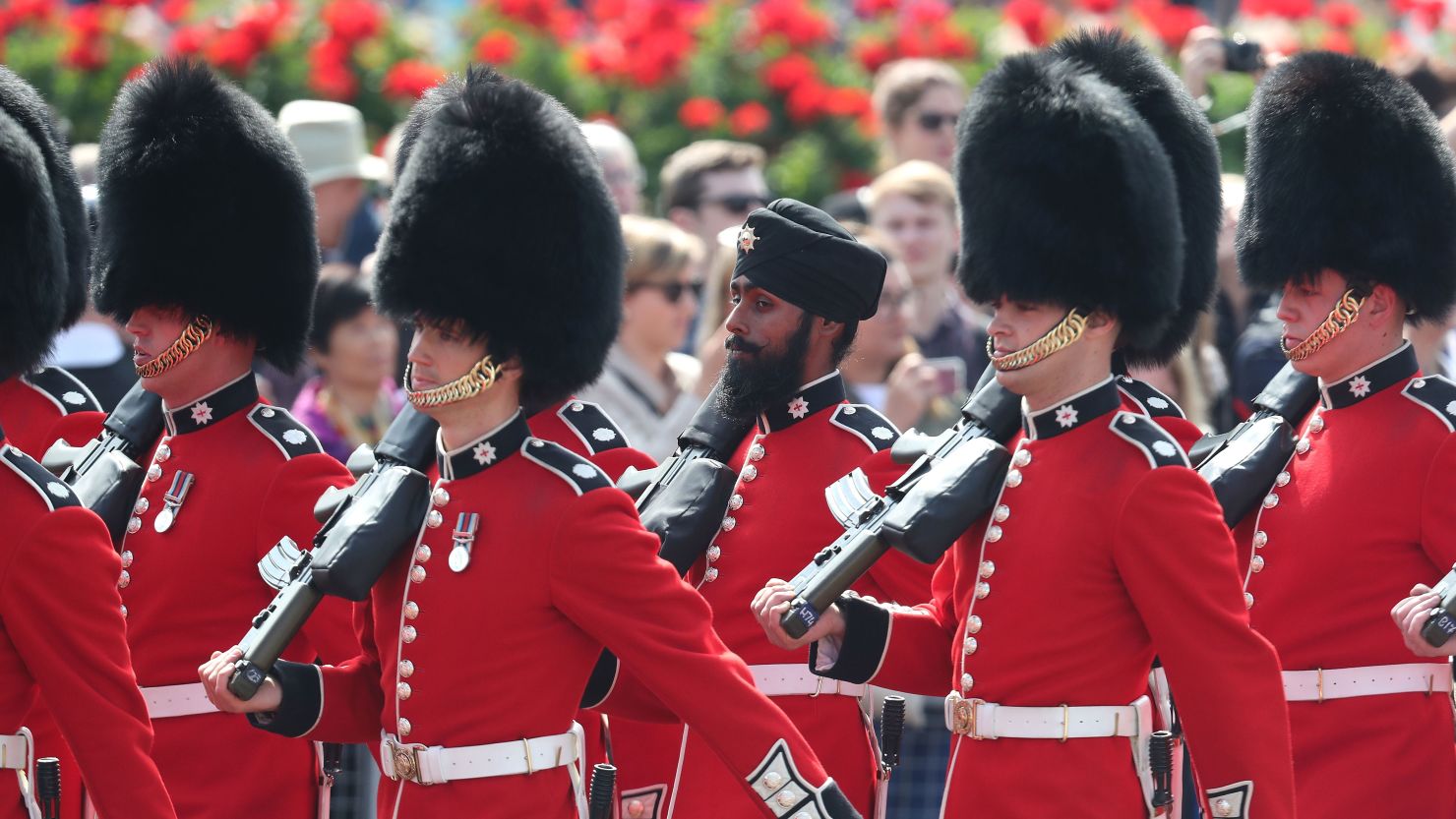 Coldstream Guards soldier Charanpreet Singh Lall dons a turban in Saturday's Trooping the Colour event.