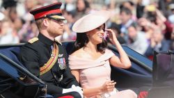 LONDON, ENGLAND - JUNE 09: Prince Harry, Duke of Sussex and Meghan, Duchess of Sussex during Trooping The Colour on the Mall on June 9, 2018 in London, England. The annual ceremony involving over 1400 guardsmen and cavalry, is believed to have first been performed during the reign of King Charles II. The parade marks the official birthday of the Sovereign, even though the Queen's actual birthday is on April 21st.  (Photo by Chris Jackson/Getty Images)
