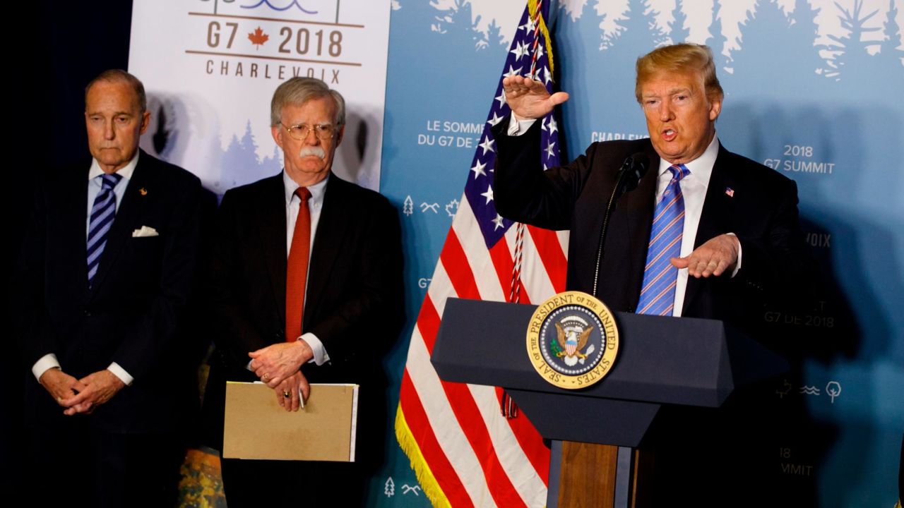 President Donald Trump speaks during a news conference at the G-7 summit, Saturday, June 9.