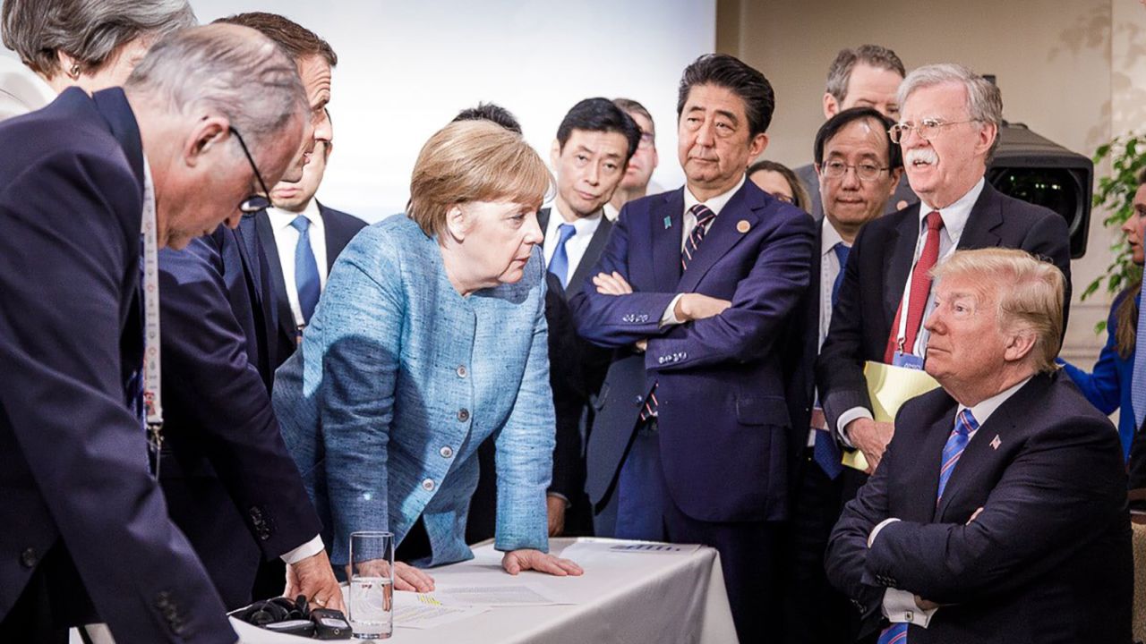 Heads of state of G7 nations peer down at Trump during the summit in Canada.