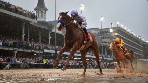 Justify, with jockey Mike Smith, wins the 2018 Kentucky Derby at Churchill Downs on May 5, 2018, in Louisville, Kentucky.
