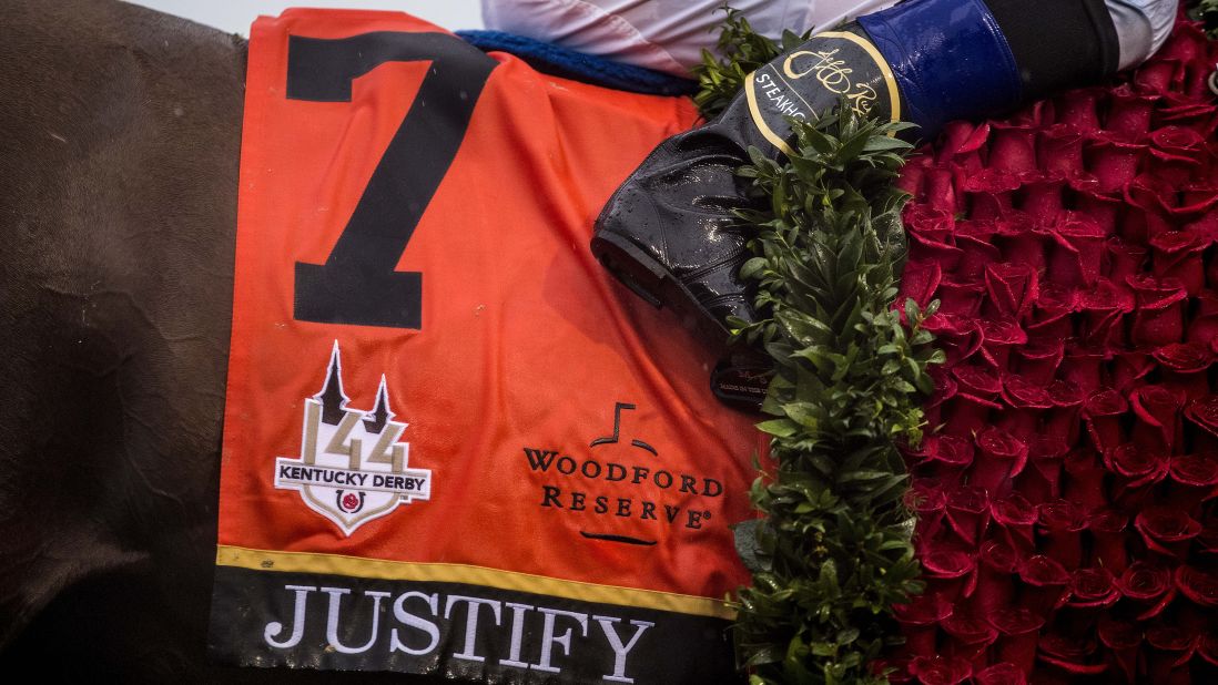 Justify's saddle towel drips water after the horse won the 144th Kentucky Derby at Churchill Downs on May 5, 2018, in Louisville, Kentucky.