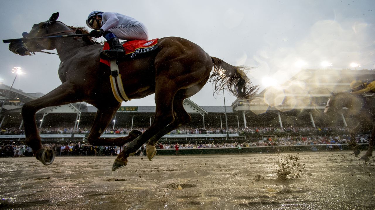 Justify, ridden by jockey Mike Smith, wins the Kentucky Derby at Churchill Downs on May 5, 2018, in Louisville, Kentucky.