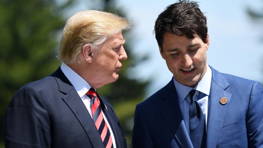 QUEBEC CITY, QC - JUNE 08:  Prime Minister of Canada Justin Trudeau (R) speaks with U.S. President Donald Trump during the G7 official welcome at Le Manoir Richelieu on day one of the G7 meeting on June 8, 2018 in Quebec City, Canada. Canada will host the leaders of the UK, Italy, the US, France, Germany and Japan for the two day summit, in the town of La Malbaie.  (Photo by Leon Neal/Getty Images)