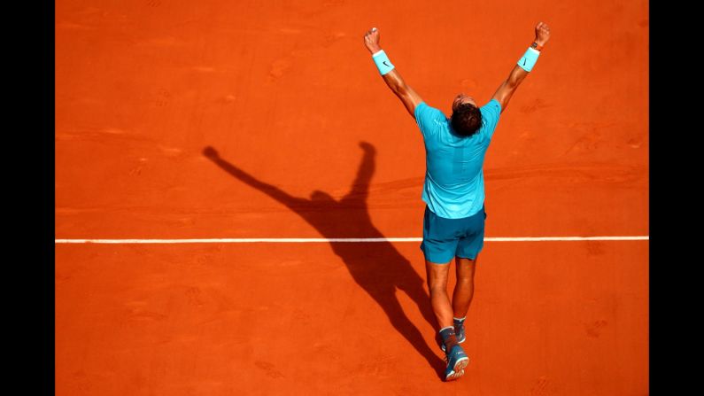 Rafael Nadal celebrates victory during his men's singles semi-final match against Juan Martin Del Potro during day thirteen of the 2018 French Open on Friday, June 8, in Paris. Nadal won his record 11th French Open title. It is his 17th Grand Slam title overall.