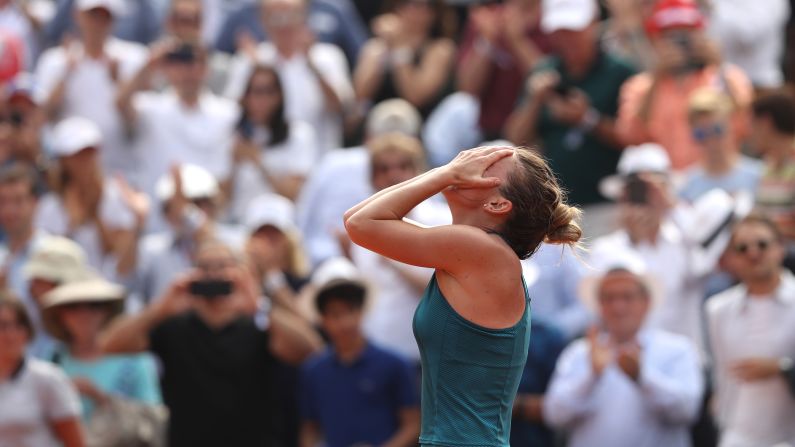 Simona Halep celebrates victory following the ladies singles final against Sloane Stephens during day fourteen of the 2018 French Open on Saturday, June 9, in Paris. This was Simona Halep's first Grand Slam title. 