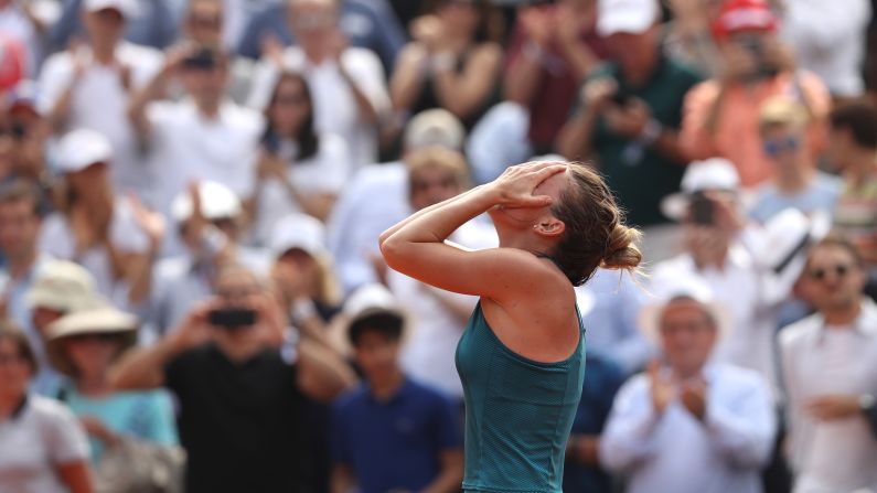 Simona Halep celebrates victory following the ladies singles final against Sloane Stephens during day fourteen of the 2018 French Open on Saturday, June 9, in Paris. This was Simona Halep's first Grand Slam title.