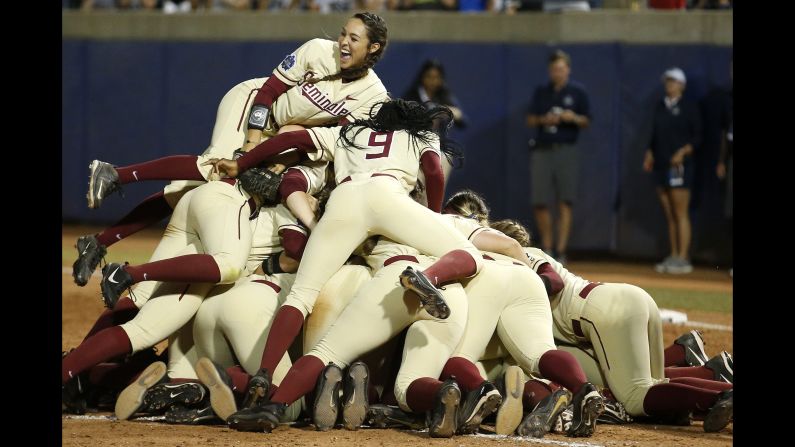 The Florida State Seminoles celebrate after defeating the Washington Huskies during the Division I Women's Softball Championship on Tuesday, June 5, in Oklahoma City. 