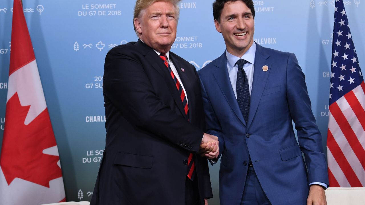 US President Donald Trump and Canadian Prime Minister Justin Trudeau hold a meeting on the sidelines of the G7 Summit in La Malbaie, Quebec, Canada, June 8, 2018. 