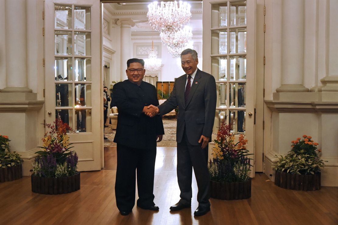 North Korea's leader Kim Jong Un is welcomed by Singapore's Prime Minister Lee Hsien Loong Sunday.