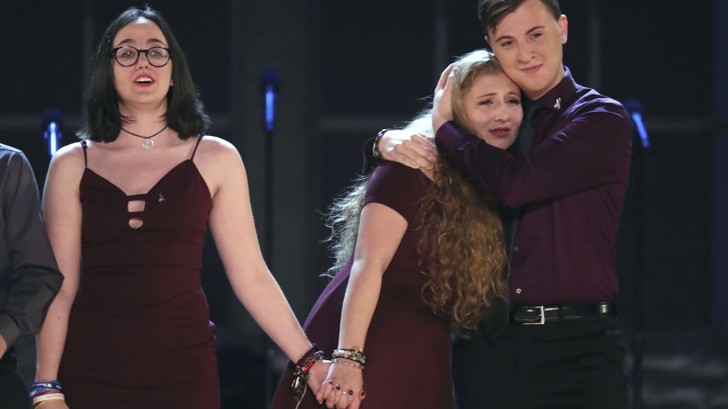 Students from the Marjory Stoneman Douglas High School drama department react after performing "Seasons of Love" at the 72nd annual Tony Awards at Radio City Music Hall on Sunday, June 10, 2018, in New York. (Photo by Michael Zorn/Invision/AP)
