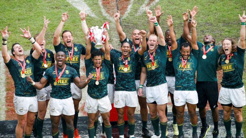 South Africa's team holds the trophy after winning the final of the Men cup rugby union 7s game between South Africa and England, on the third day of the 2018 Paris Sevens at Jean Bouin Stadium in Paris on June 10, 2018. (Photo by GEOFFROY VAN DER HASSELT / AFP)        (Photo credit should read GEOFFROY VAN DER HASSELT/AFP/Getty Images)