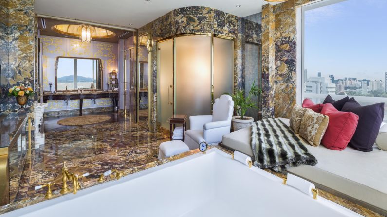 <strong>Presidential Suite bathroom: </strong>The bathroom, which has its own Jacuzzi bathtub, is lined with French Breche de Benou marble.