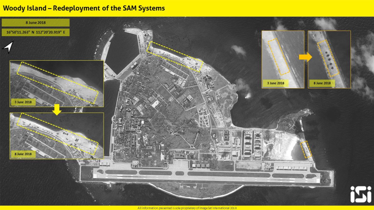 Satellite images provided to CNN on June 11 show before and after images of Woody Island.